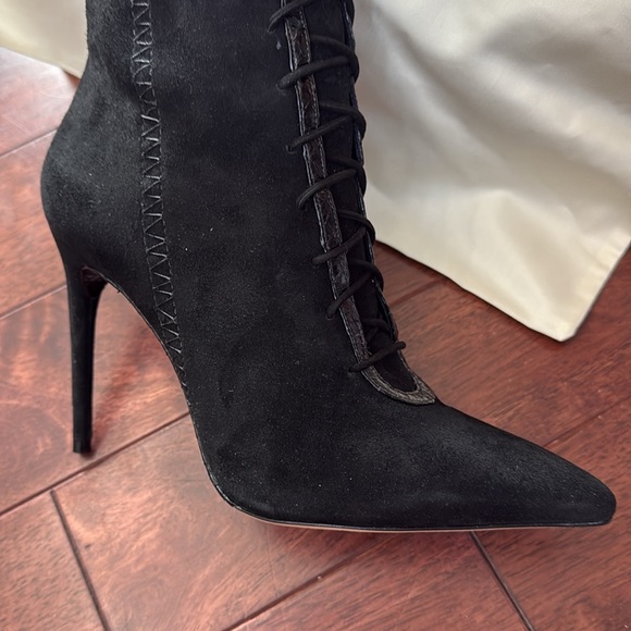 NIB Alexandre Birman Black Suede Leather Python Snake Trim Tall Lace Up Boot 7.5 - Picture 2 of 10